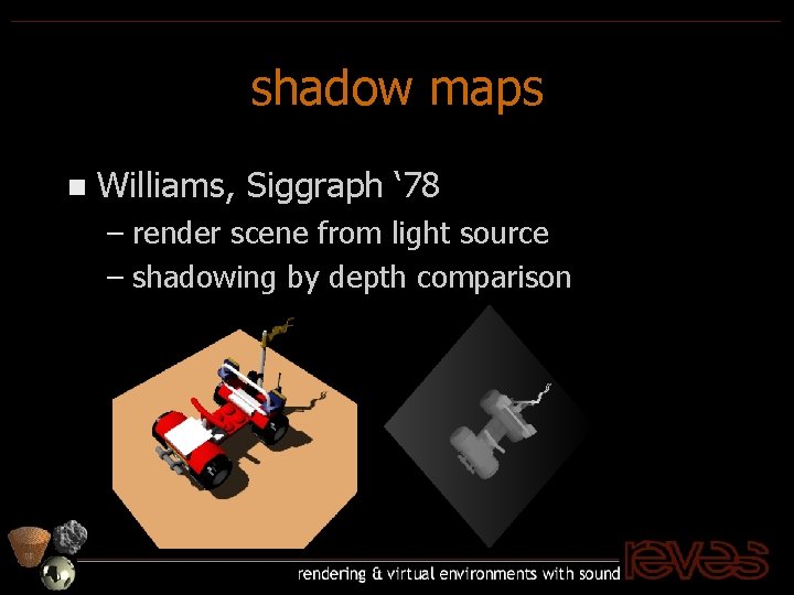 shadow maps n Williams, Siggraph ‘ 78 – render scene from light source –
