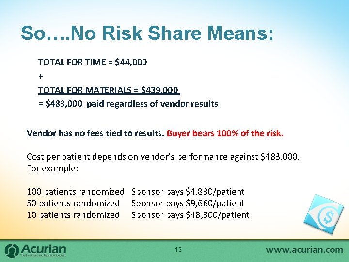 So…. No Risk Share Means: TOTAL FOR TIME = $44, 000 + TOTAL FOR So…. No Risk Share Means: TOTAL FOR TIME = $44, 000 + TOTAL FOR
