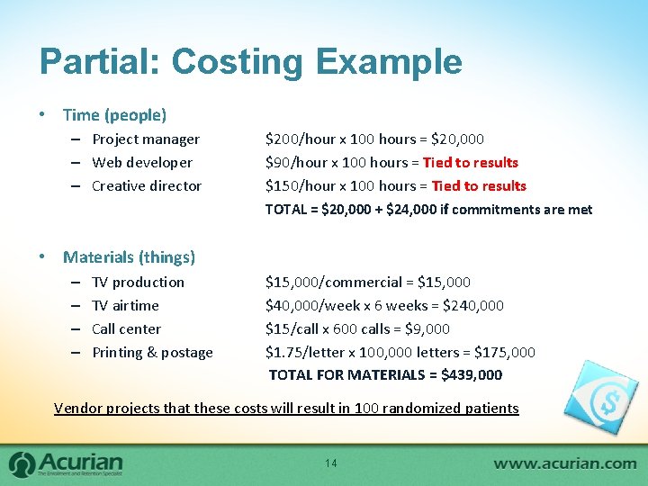 Partial: Costing Example • Time (people) – Project manager – Web developer – Creative Partial: Costing Example • Time (people) – Project manager – Web developer – Creative