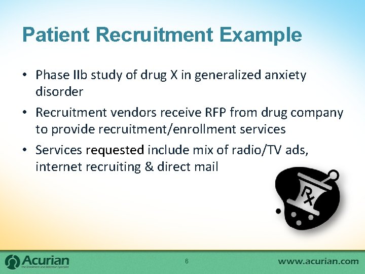 Patient Recruitment Example • Phase IIb study of drug X in generalized anxiety disorder Patient Recruitment Example • Phase IIb study of drug X in generalized anxiety disorder