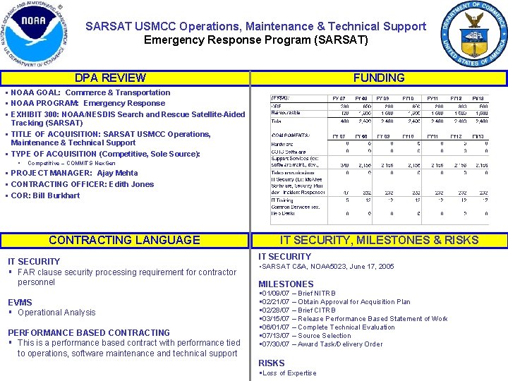 SARSAT USMCC Operations, Maintenance & Technical Support Emergency Response Program (SARSAT) DPA REVIEW FUNDING