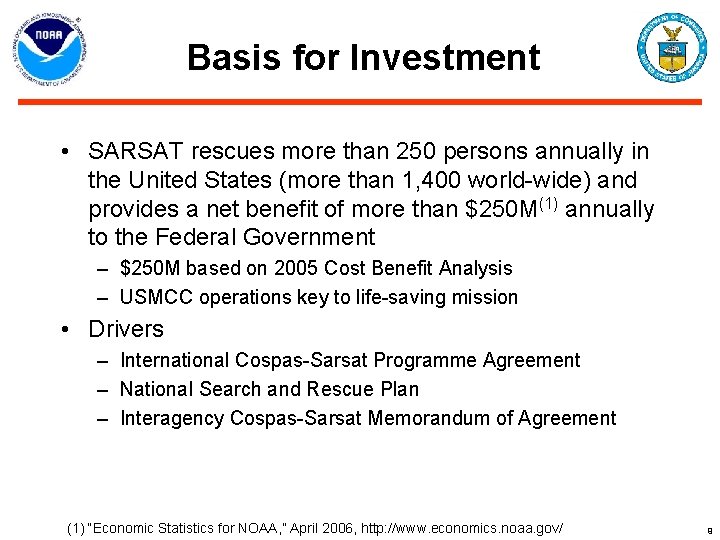 Basis for Investment • SARSAT rescues more than 250 persons annually in the United