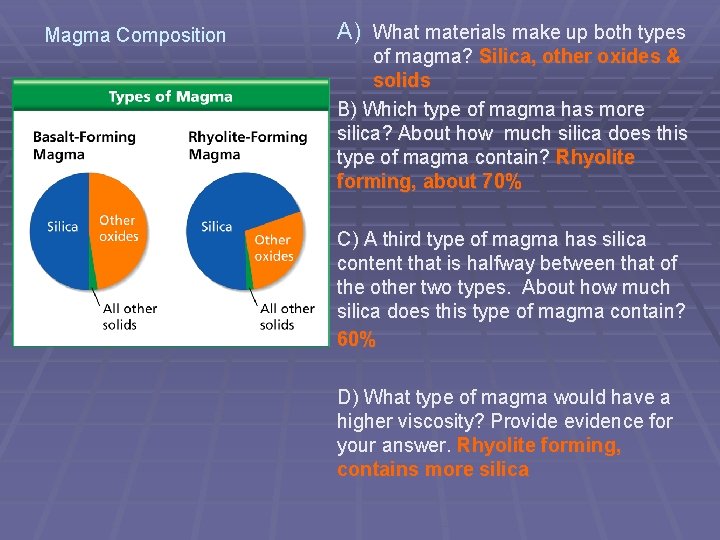 Magma Composition A) What materials make up both types of magma? Silica, other oxides Magma Composition A) What materials make up both types of magma? Silica, other oxides