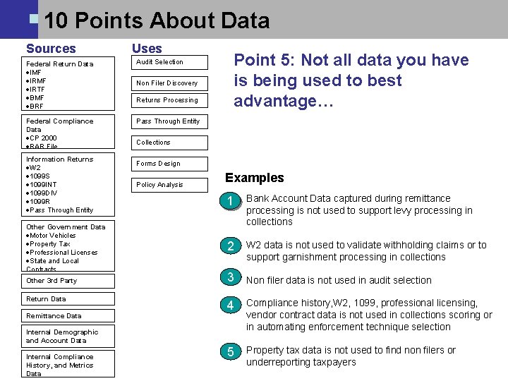 10 Points About Data Sources Uses Federal Return Data ·IMF ·IRTF ·BMF ·BRF Audit 10 Points About Data Sources Uses Federal Return Data ·IMF ·IRTF ·BMF ·BRF Audit
