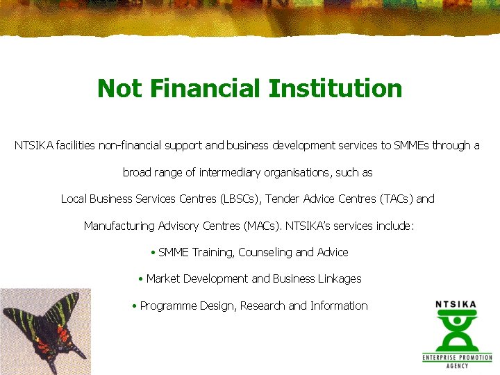 Not Financial Institution NTSIKA facilities non-financial support and business development services to SMMEs through