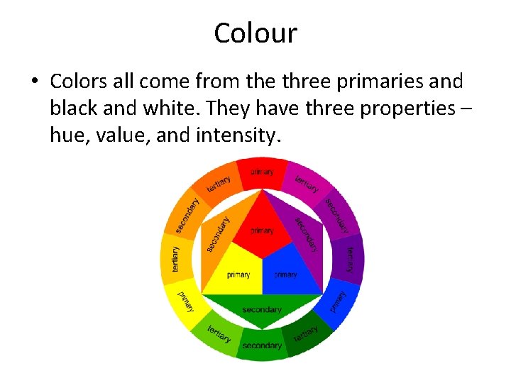 Colour • Colors all come from the three primaries and black and white. They Colour • Colors all come from the three primaries and black and white. They