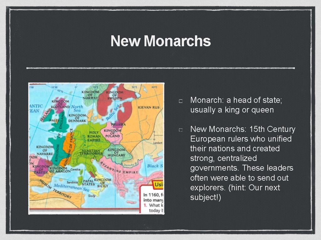 New Monarchs Monarch: a head of state; usually a king or queen New Monarchs: