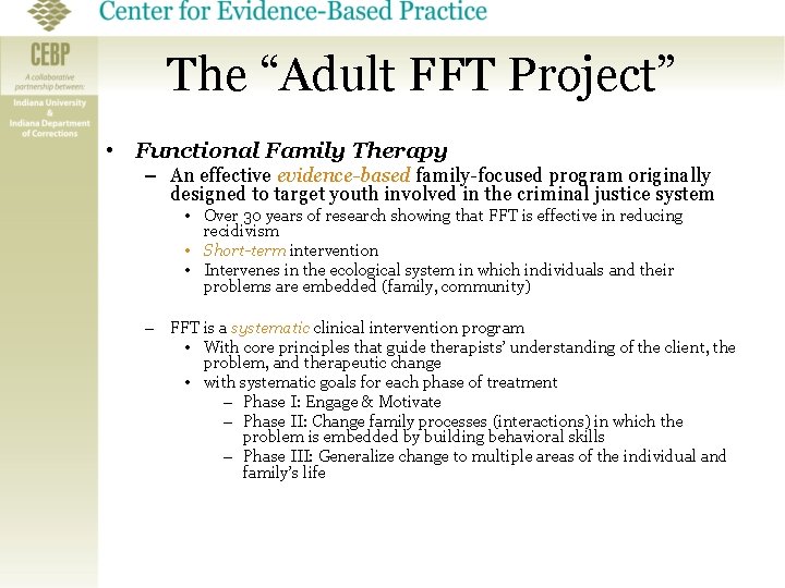 The “Adult FFT Project” • Functional Family Therapy – An effective evidence-based family-focused program