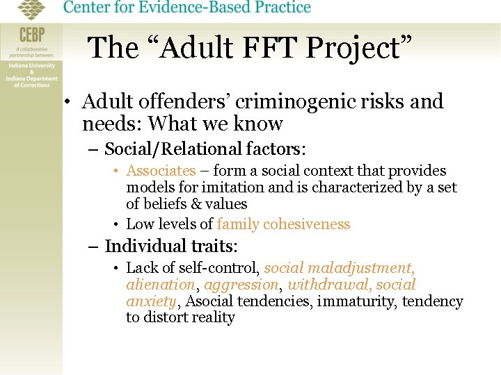 The “Adult FFT Project” • Adult offenders’ criminogenic risks and needs: What we know