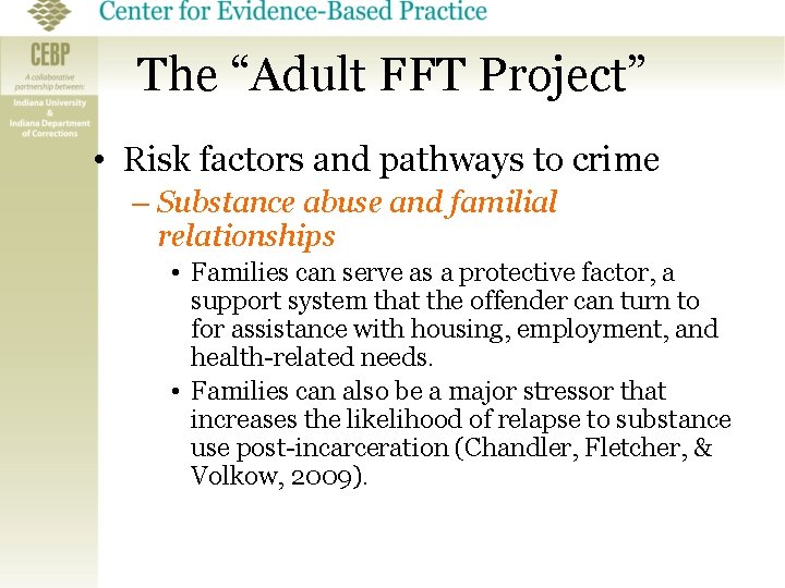 The “Adult FFT Project” • Risk factors and pathways to crime – Substance abuse