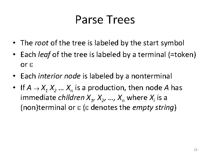 Parse Trees • The root of the tree is labeled by the start symbol