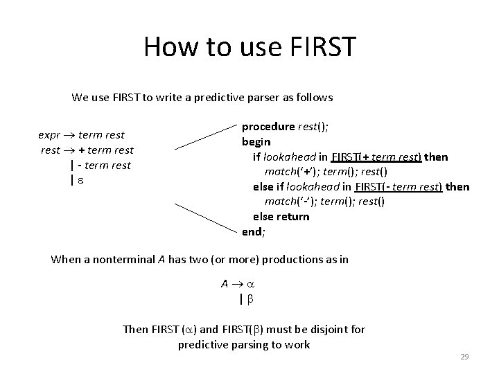 How to use FIRST We use FIRST to write a predictive parser as follows