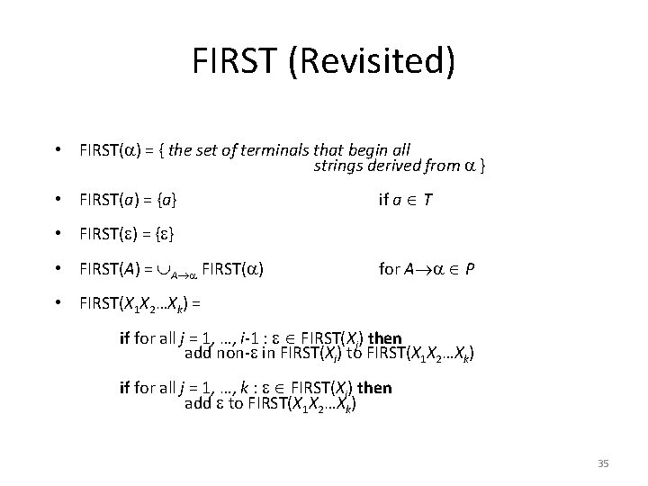 FIRST (Revisited) • FIRST( ) = { the set of terminals that begin all