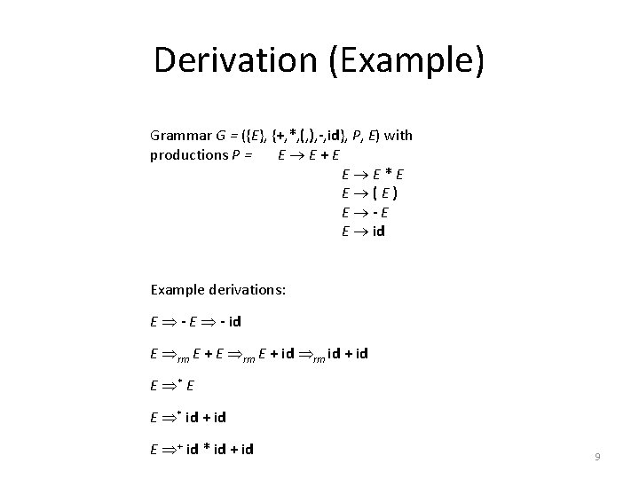 Derivation (Example) Grammar G = ({E}, {+, *, (, ), -, id}, P, E)