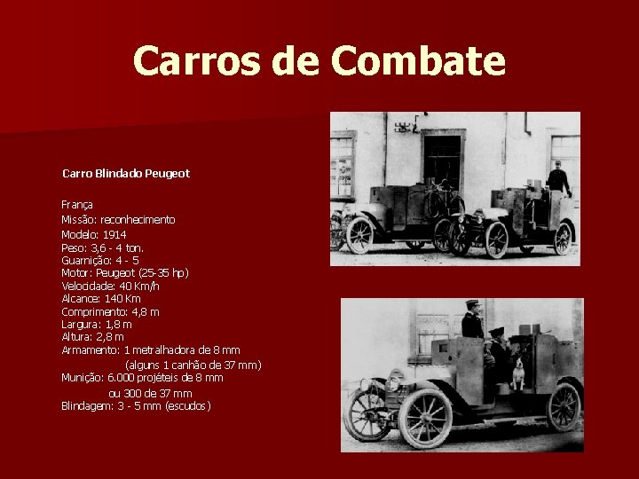 Carros de Combate Carro Blindado Peugeot França Missão: reconhecimento Modelo: 1914 Peso: 3, 6