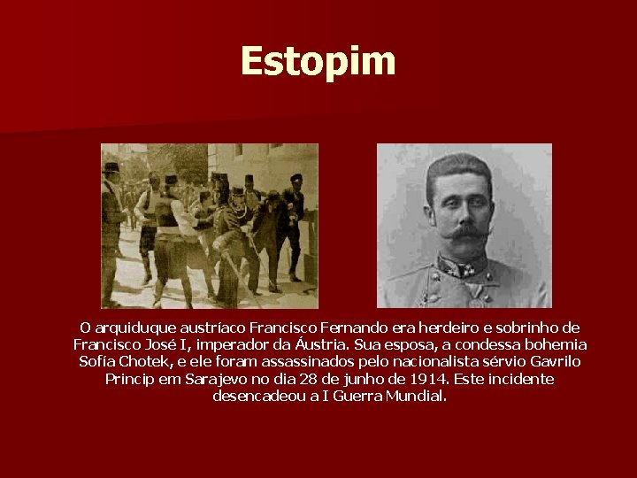 Estopim O arquiduque austríaco Francisco Fernando era herdeiro e sobrinho de Francisco José I,