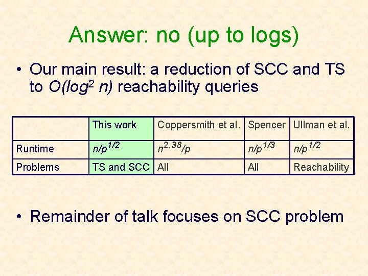 Answer: no (up to logs) • Our main result: a reduction of SCC and