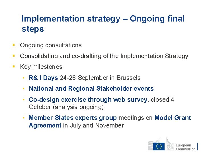 Implementation strategy – Ongoing final steps § Ongoing consultations § Consolidating and co-drafting of