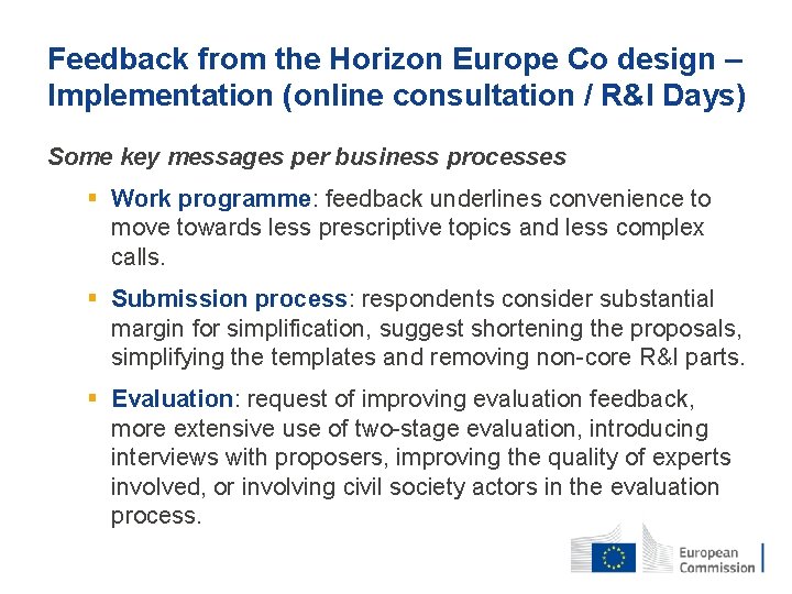 Feedback from the Horizon Europe Co design – Implementation (online consultation / R&I Days)