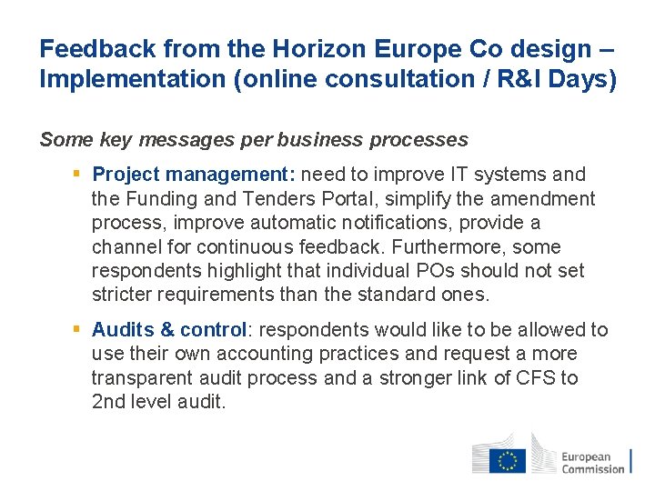 Feedback from the Horizon Europe Co design – Implementation (online consultation / R&I Days)