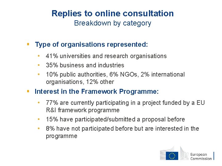 Replies to online consultation Breakdown by category § Type of organisations represented: • 41%