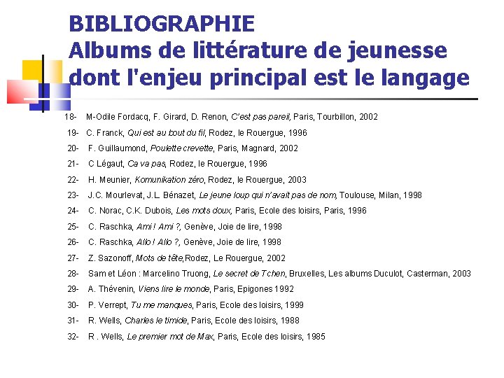 BIBLIOGRAPHIE Albums de littérature de jeunesse dont l'enjeu principal est le langage 18 -