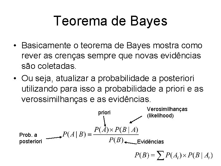 Teorema de Bayes • Basicamente o teorema de Bayes mostra como rever as crenças