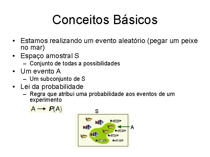 Conceitos Básicos • Estamos realizando um evento aleatório (pegar um peixe no mar) •