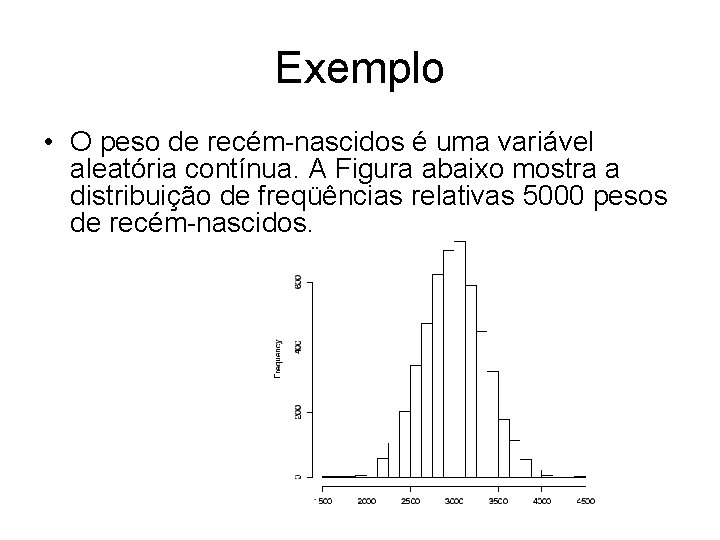 Exemplo • O peso de recém-nascidos é uma variável aleatória contínua. A Figura abaixo