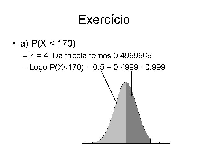 Exercício • a) P(X < 170) – Z = 4. Da tabela temos 0.