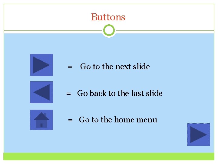 Buttons = Go to the next slide = Go back to the last slide
