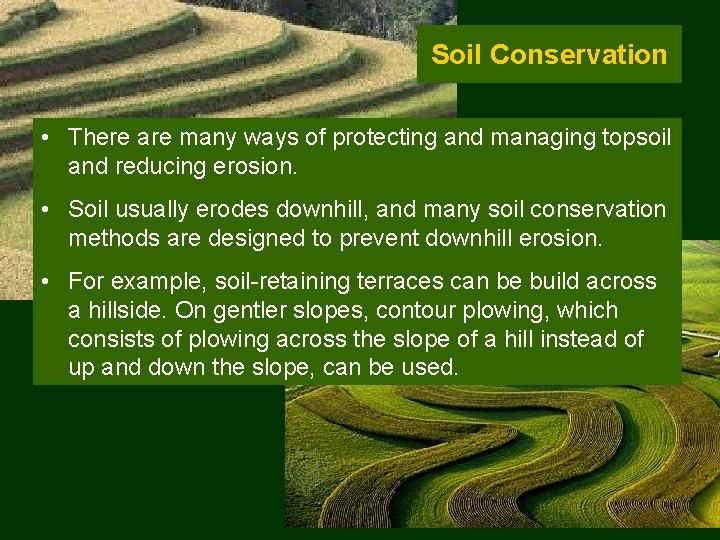 Soil Conservation • There are many ways of protecting and managing topsoil and reducing