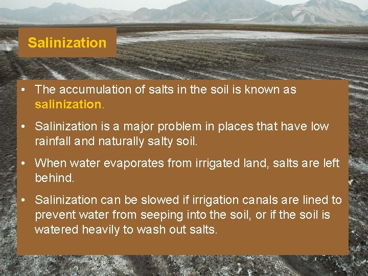 Salinization • The accumulation of salts in the soil is known as salinization. •
