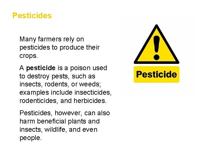 Pesticides • Many farmers rely on pesticides to produce their crops. • A pesticide
