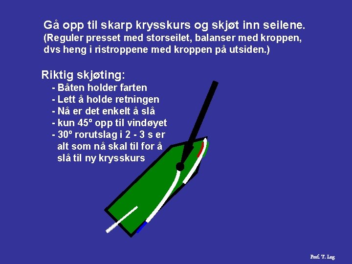 Gå opp til skarp krysskurs og skjøt inn seilene. (Reguler presset med storseilet, balanser