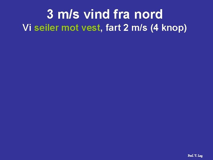 3 m/s vind fra nord Vi seiler mot vest, fart 2 m/s (4 knop)