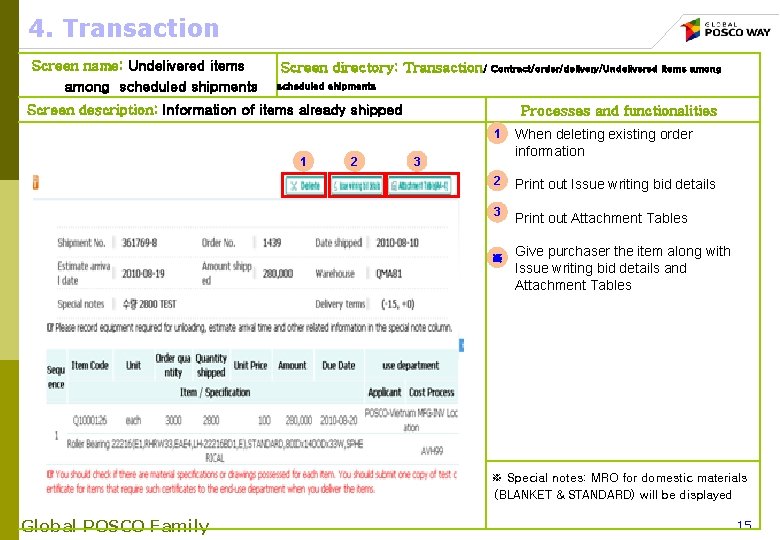 4. Transaction Screen name: Undelivered items among scheduled shipments Screen directory: Transaction/ Contract/order/delivery/Undelivered items