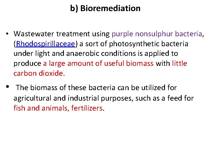 b) Bioremediation • Wastewater treatment using purple nonsulphur bacteria, (Rhodospirillaceae) a sort of photosynthetic