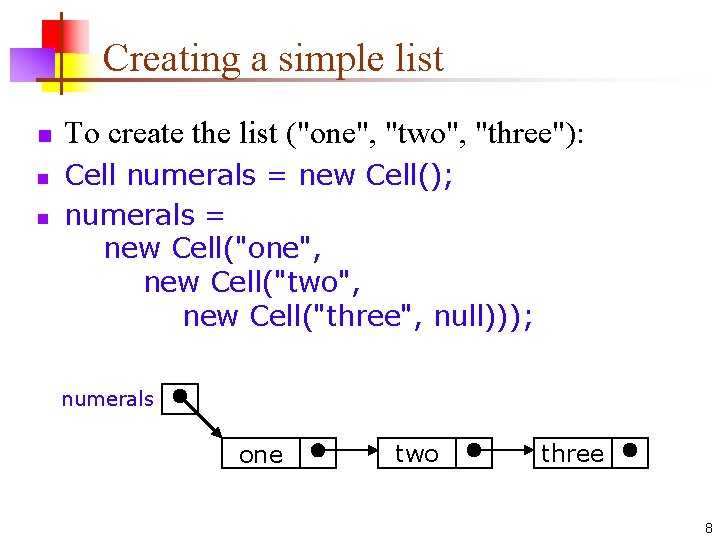 Creating a simple list n n n To create the list ("one", "two", "three"):