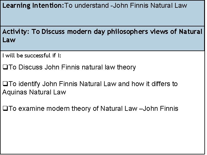 Learning Intention: To understand -John Finnis Natural Law Activity: To Discuss modern day philosophers