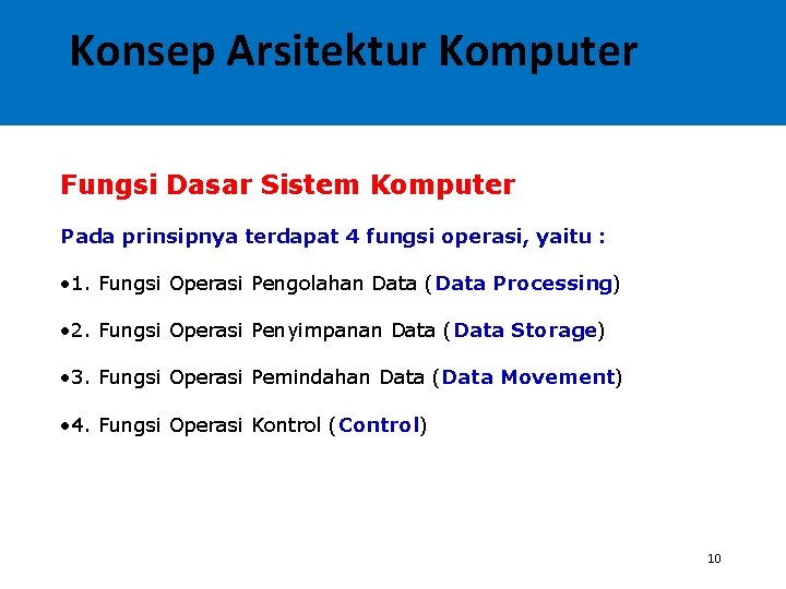 Konsep Arsitektur Komputer Fungsi Dasar Sistem Komputer Pada prinsipnya terdapat 4 fungsi operasi, yaitu