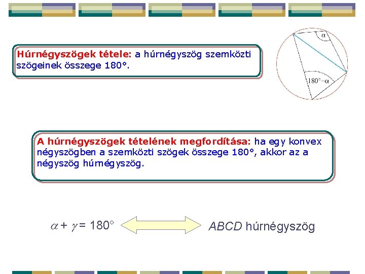 Húrnégyszögek tétele: a húrnégyszög szemközti szögeinek összege 180°. A húrnégyszögek tételének megfordítása: ha egy