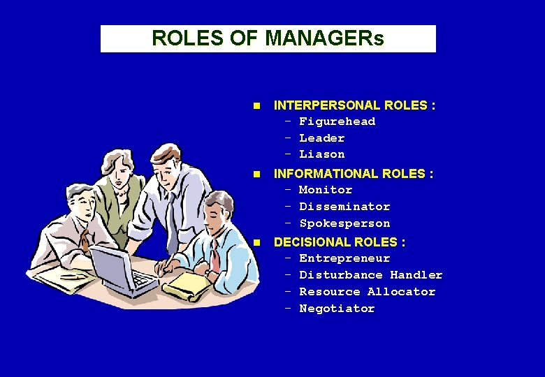 ROLES OF MANAGERs n INTERPERSONAL ROLES : - Figurehead - Leader - Liason n