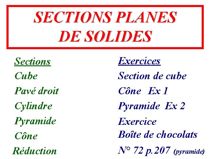 SECTIONS PLANES DE SOLIDES Sections Cube Pavé droit Cylindre Pyramide Cône Réduction Exercices Section