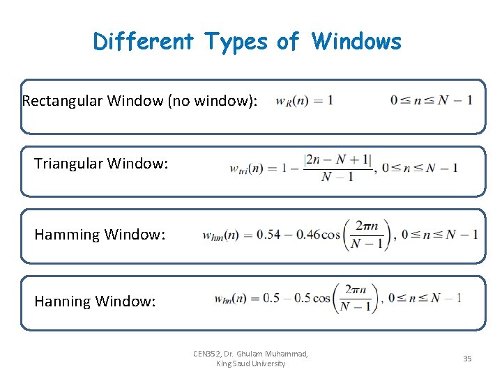 Different Types of Windows Rectangular Window (no window): Triangular Window: Hamming Window: Hanning Window: