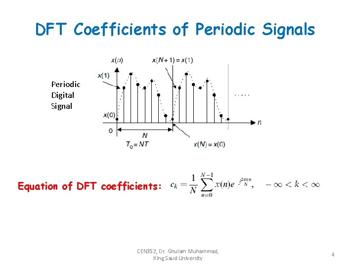 DFT Coefficients of Periodic Signals Periodic Digital Signal Equation of DFT coefficients: CEN 352,