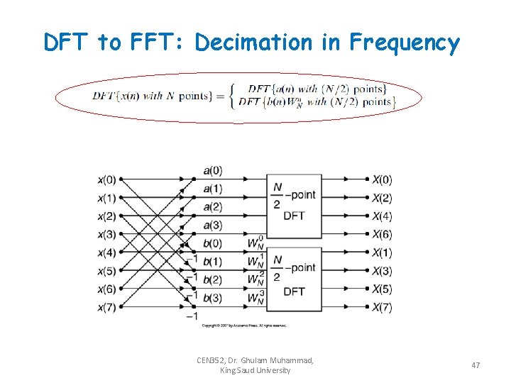 DFT to FFT: Decimation in Frequency CEN 352, Dr. Ghulam Muhammad, King Saud University