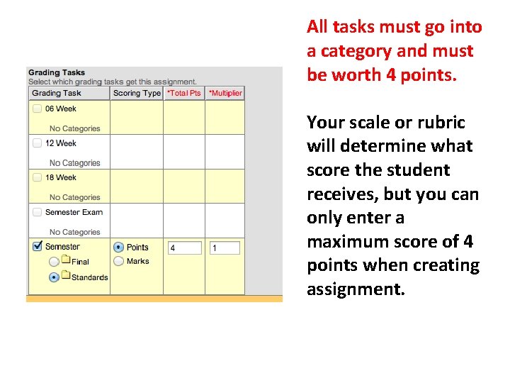 All tasks must go into a category and must be worth 4 points. Your