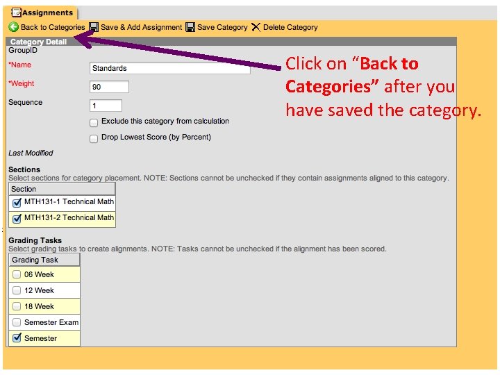 Click on “Back to Categories” after you have saved the category. 