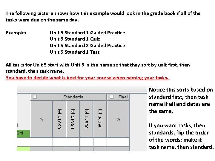 The following picture shows how this example would look in the grade book if